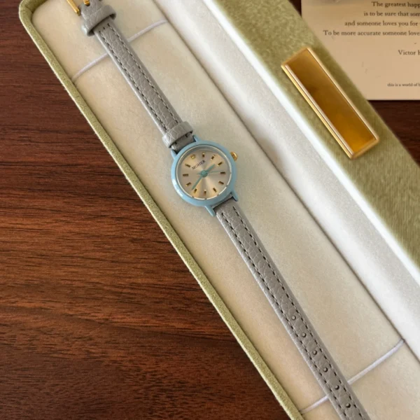 Classic Blue Round Dial Grey Strap Watch for Women