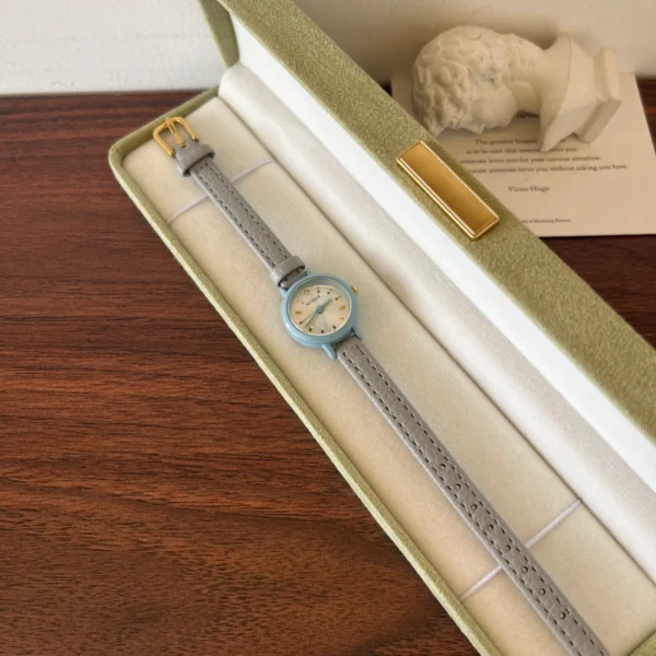 Classic Blue Round Dial Grey Strap Watch for Women