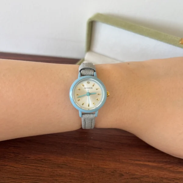Classic Blue Round Dial Grey Strap Watch for Women