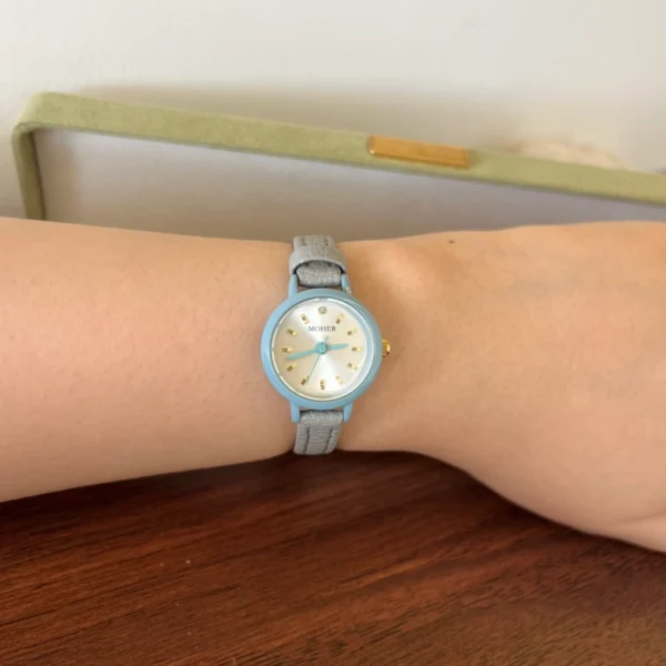 Classic Blue Round Dial Grey Strap Watch for Women