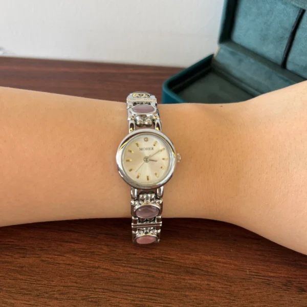 Elegant Pink Accent Round Dial Silver Link Bracelet Watch for Women