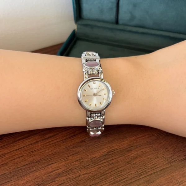 Elegant Pink Accent Round Dial Silver Link Bracelet Watch for Women