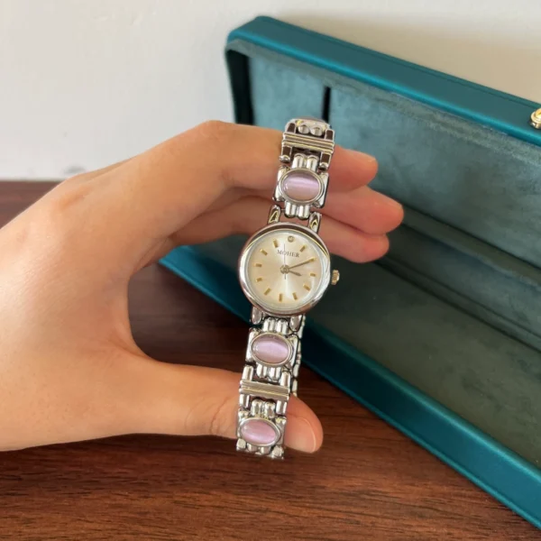 Elegant Pink Accent Round Dial Silver Link Bracelet Watch for Women