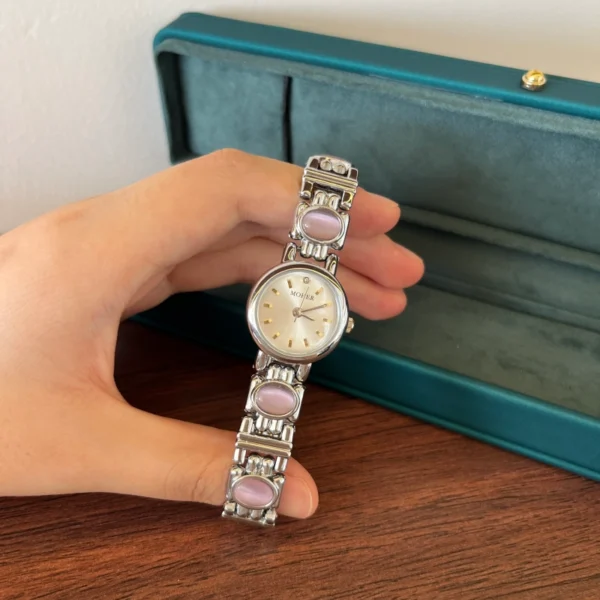 Elegant Pink Accent Round Dial Silver Link Bracelet Watch for Women