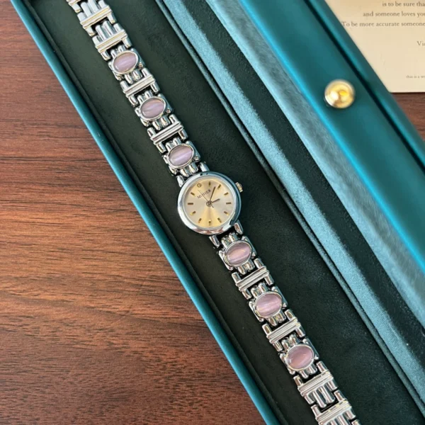 Elegant Pink Accent Round Dial Silver Link Bracelet Watch for Women