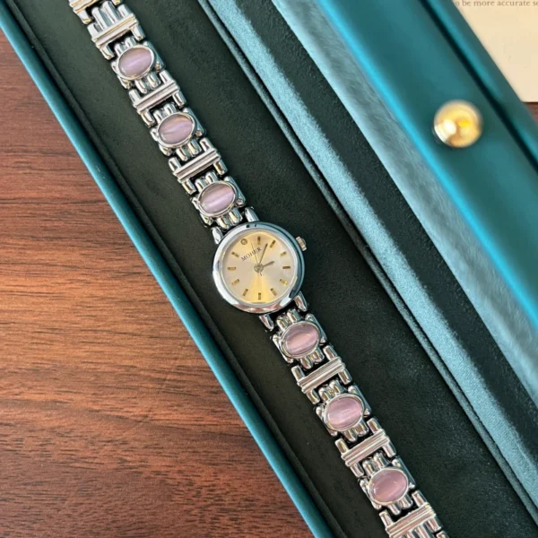 Elegant Pink Accent Round Dial Silver Link Bracelet Watch for Women