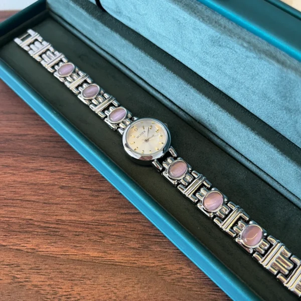 Elegant Pink Accent Round Dial Silver Link Bracelet Watch for Women