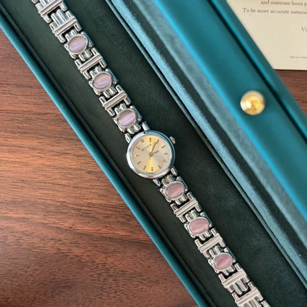 Elegant Pink Accent Round Dial Silver Link Bracelet Watch for Women