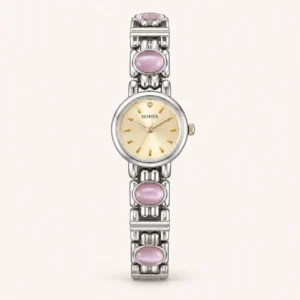 772-main Elegant Pink Accent Round Dial Silver Link Bracelet Watch for Women