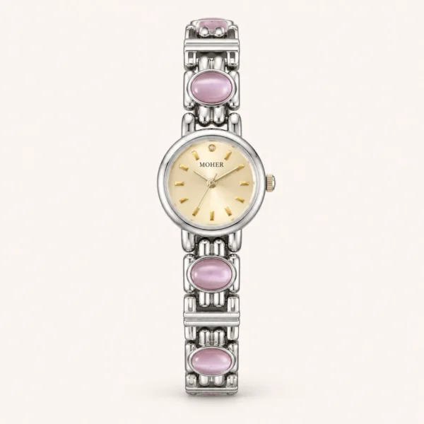 Elegant Pink Accent Round Dial Silver Link Bracelet Watch for Women