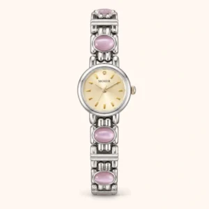 772-main-FFF7F1 Elegant Pink Accent Round Dial Silver Link Bracelet Watch for Women