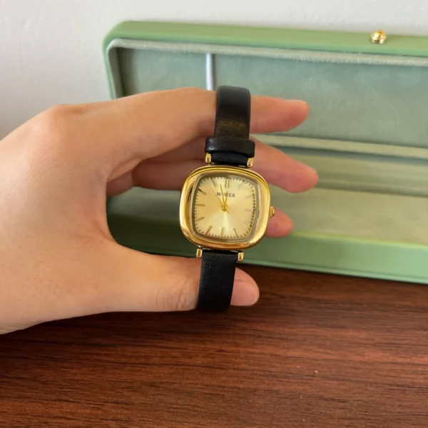 Classic Gold Rounded Square Dial Black Strap Watch for Women