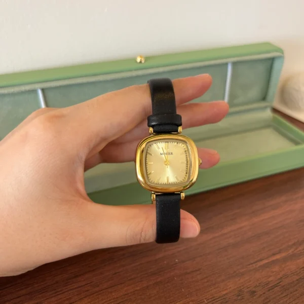 Classic Gold Rounded Square Dial Black Strap Watch for Women