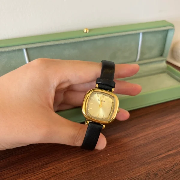 Classic Gold Rounded Square Dial Black Strap Watch for Women