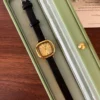 Classic Gold Rounded Square Dial Black Strap Watch for Women
