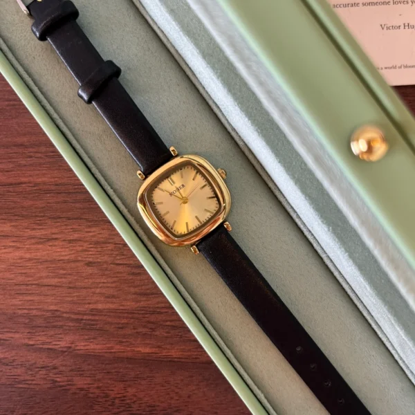 Classic Gold Rounded Square Dial Black Strap Watch for Women