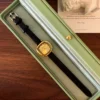 Classic Gold Rounded Square Dial Black Strap Watch for Women