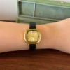 Classic Gold Rounded Square Dial Black Strap Watch for Women