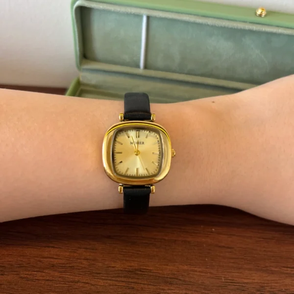 Classic Gold Rounded Square Dial Black Strap Watch for Women