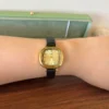 Classic Gold Rounded Square Dial Black Strap Watch for Women