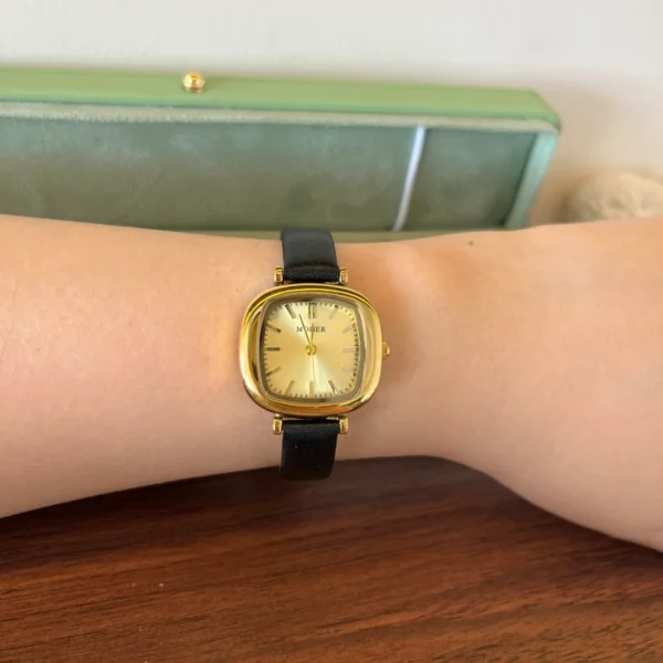 Classic Gold Rounded Square Dial Black Strap Watch for Women