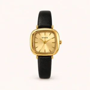 773-main Classic Gold Rounded Square Dial Black Strap Watch for Women
