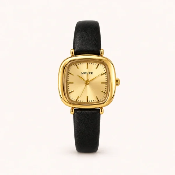 Classic Gold Rounded Square Dial Black Strap Watch for Women