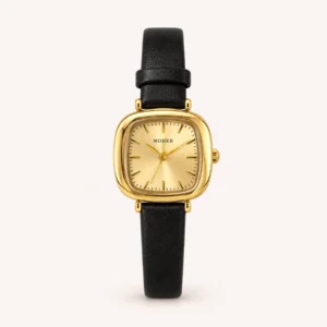 773-main Classic Gold Rounded Square Dial Black Strap Watch for Women