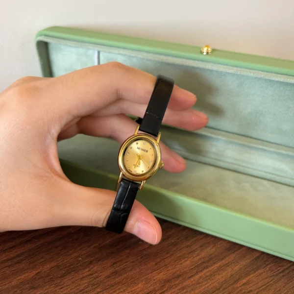 Minimalist Gold Round Dial Slim Black Strap Watch for Women