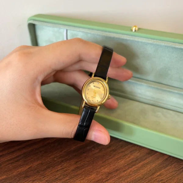 Minimalist Gold Round Dial Slim Black Strap Watch for Women