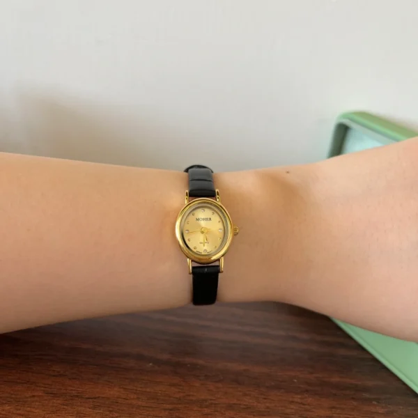 Minimalist Gold Round Dial Slim Black Strap Watch for Women