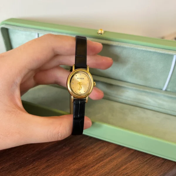 Minimalist Gold Round Dial Slim Black Strap Watch for Women