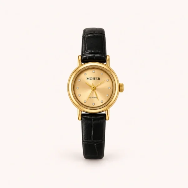 Minimalist Gold Round Dial Slim Black Strap Watch for Women