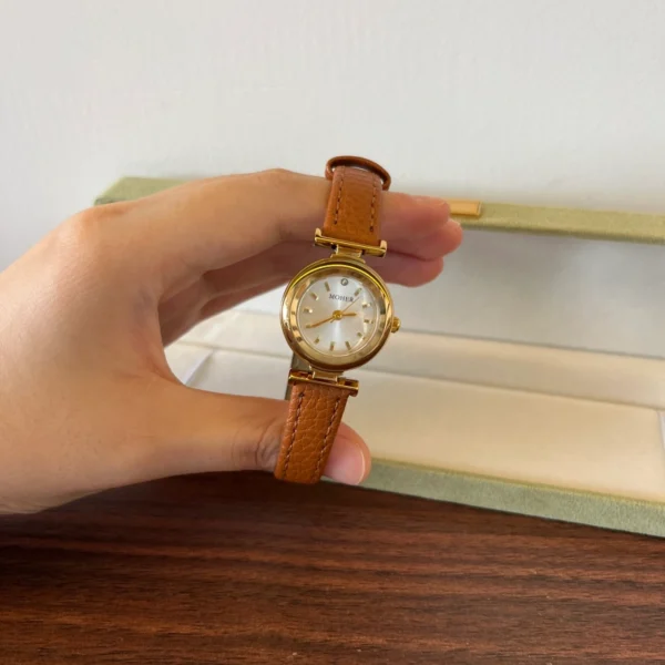 Classic Cream Round Dial Brown Strap Watch for Women