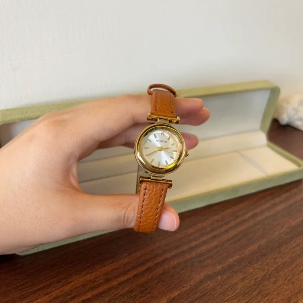Classic Cream Round Dial Brown Strap Watch for Women
