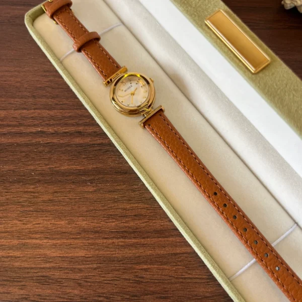 Classic Cream Round Dial Brown Strap Watch for Women