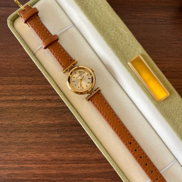 Classic Cream Round Dial Brown Strap Watch for Women
