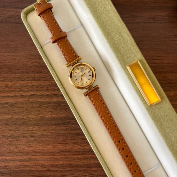 Classic Cream Round Dial Brown Strap Watch for Women