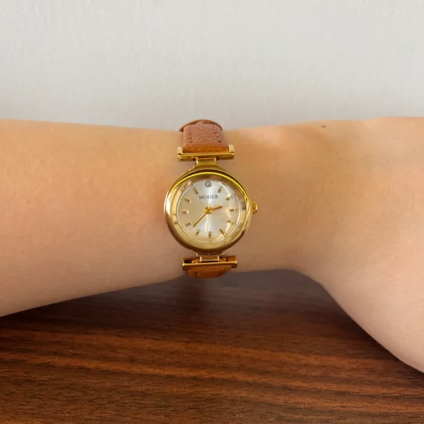 Classic Cream Round Dial Brown Strap Watch for Women