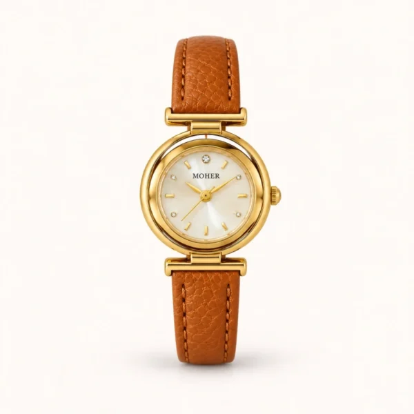 Classic Cream Round Dial Brown Strap Watch for Women