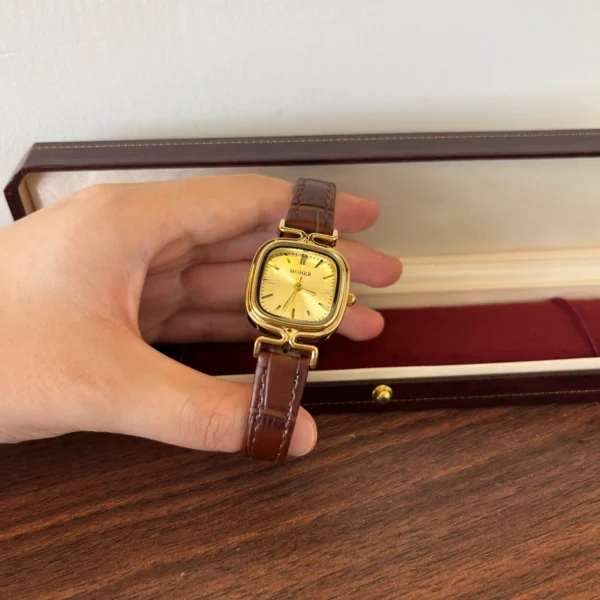 Classic Gold Cushion Dial Brown Strap Watch for Women
