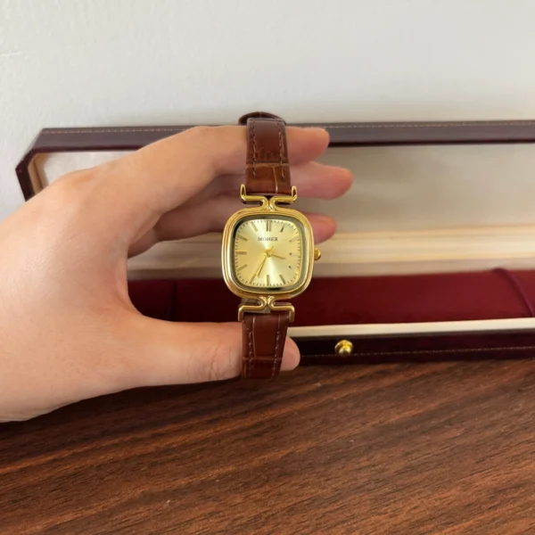 Classic Gold Cushion Dial Brown Strap Watch for Women