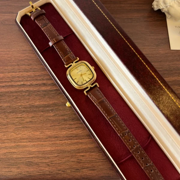 Classic Gold Cushion Dial Brown Strap Watch for Women