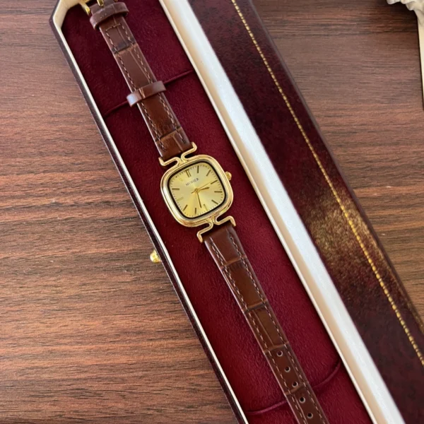 Classic Gold Cushion Dial Brown Strap Watch for Women