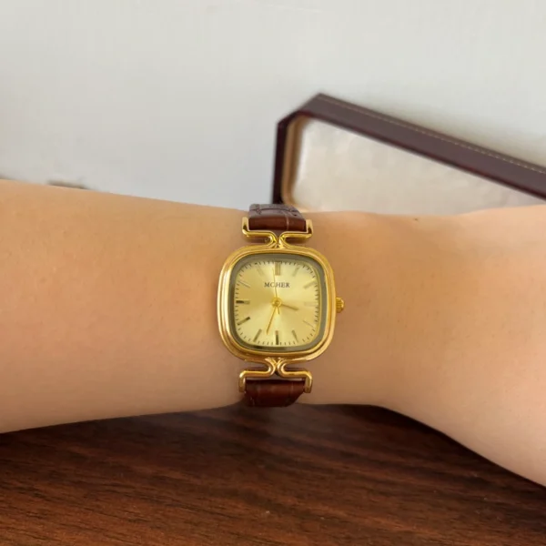 Classic Gold Cushion Dial Brown Strap Watch for Women