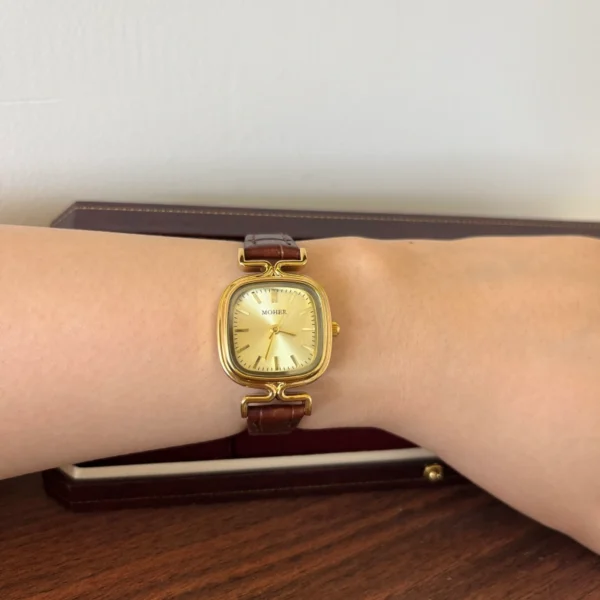 Classic Gold Cushion Dial Brown Strap Watch for Women