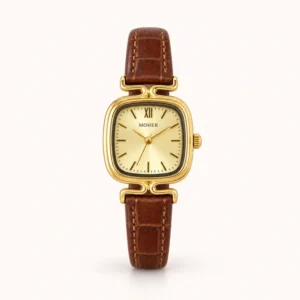 776-main Classic Gold Cushion Dial Brown Strap Watch for Women