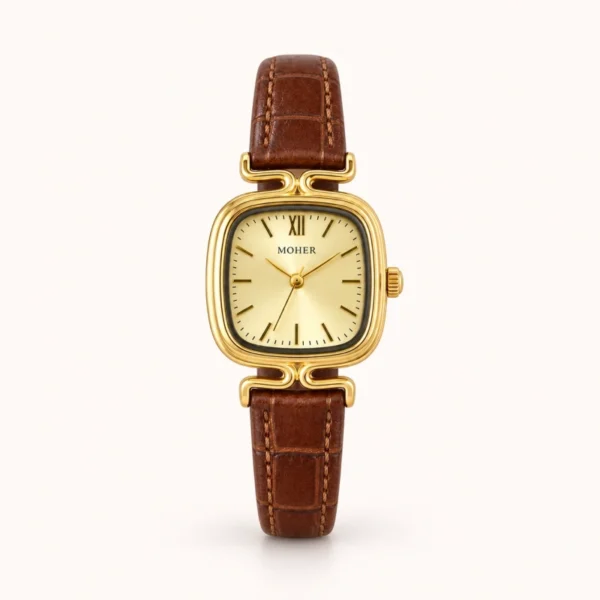 Classic Gold Cushion Dial Brown Strap Watch for Women