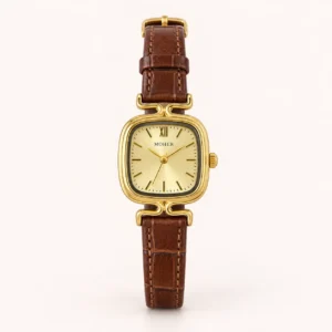 776-main Classic Gold Cushion Dial Brown Strap Watch for Women