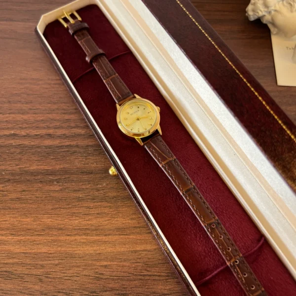 Classic Gold Round Dial Textured Brown Strap Watch for Women